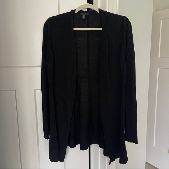 Eileen Fisher Black Long Sleeve Cardigan Linen Knit Open Front Drape - Picture 1 of 4